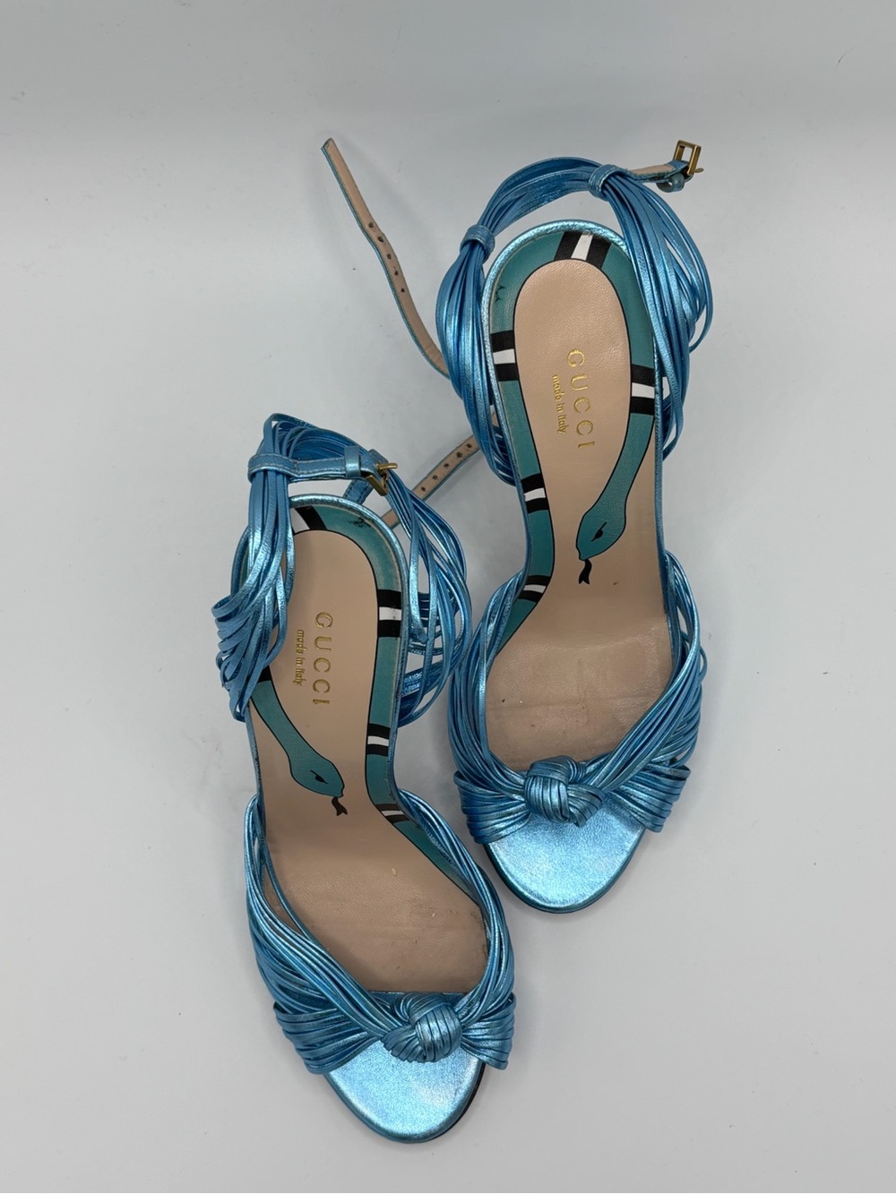 Gucci Allie Metallic Knotted Aqua Blue Ankle Strap Heels - Picture 6 of 7